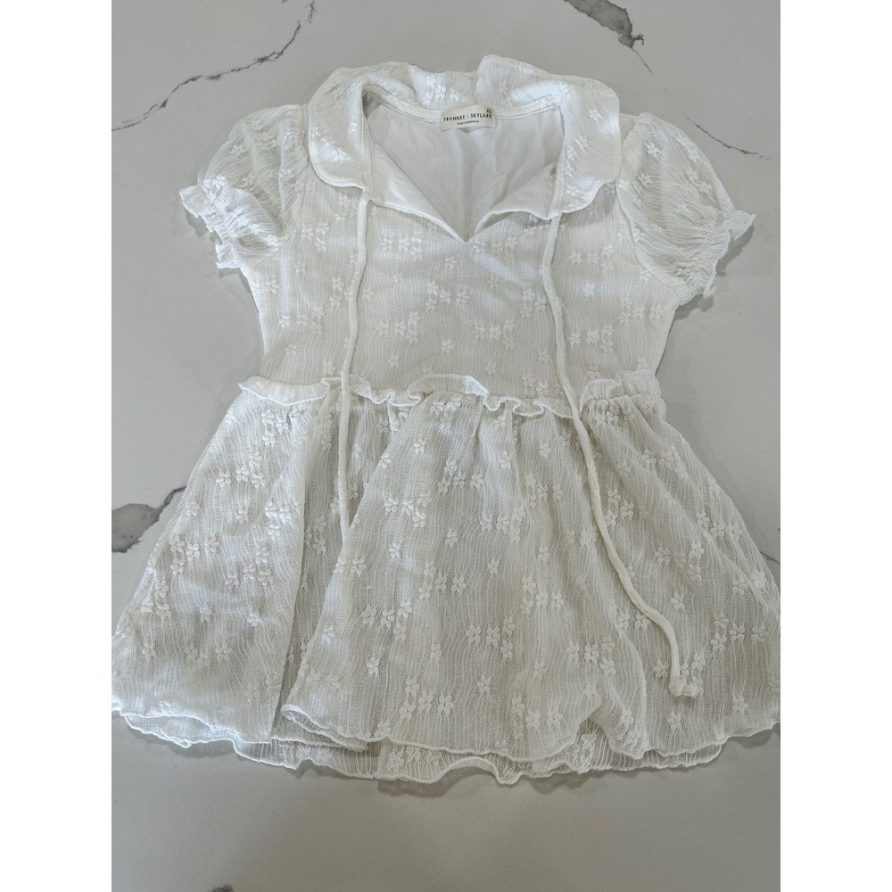 Frankee & Skylarr White Floral Lace Babydoll Top Short Sleeve Cottagecore XS
